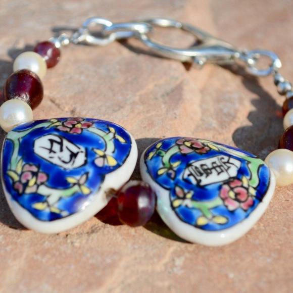 Conceptual Subculture Jewelry - Blue Ceramic Handpainted Beaded Glass Bracelet